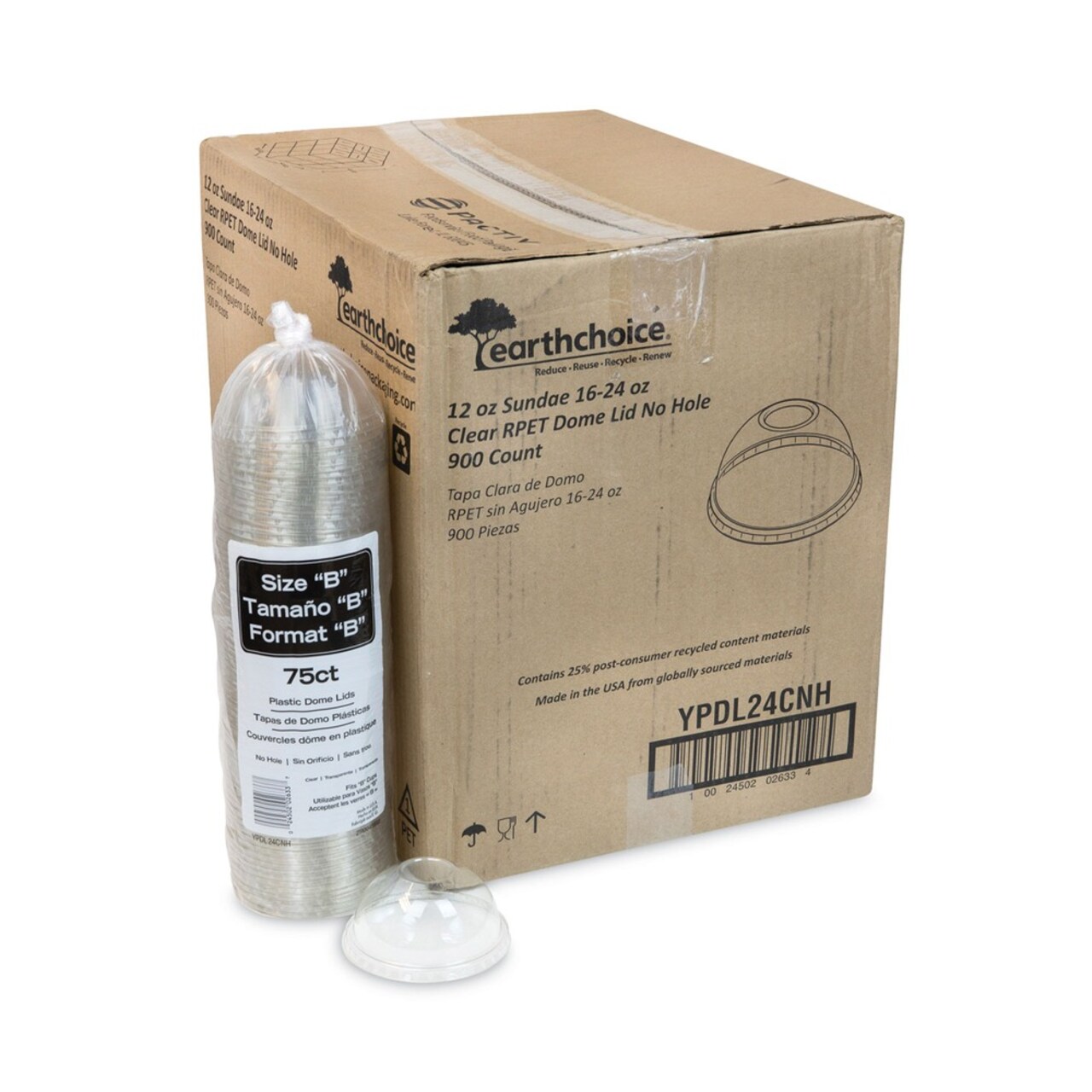 Pactiv Corp. EarthChoice Strawless RPET Lid Dome Lid fits 12 oz. to 24 oz. B Cups - Clear (900/Carton)